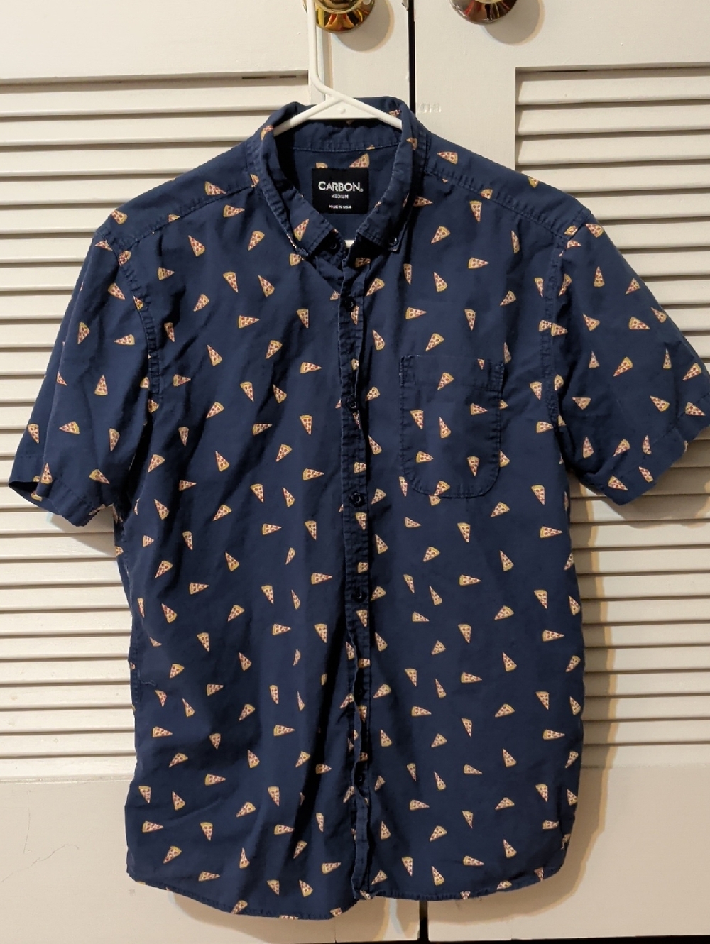 Carbon Navy Short-Sleeve Button-Up Shirt with Pizza Print